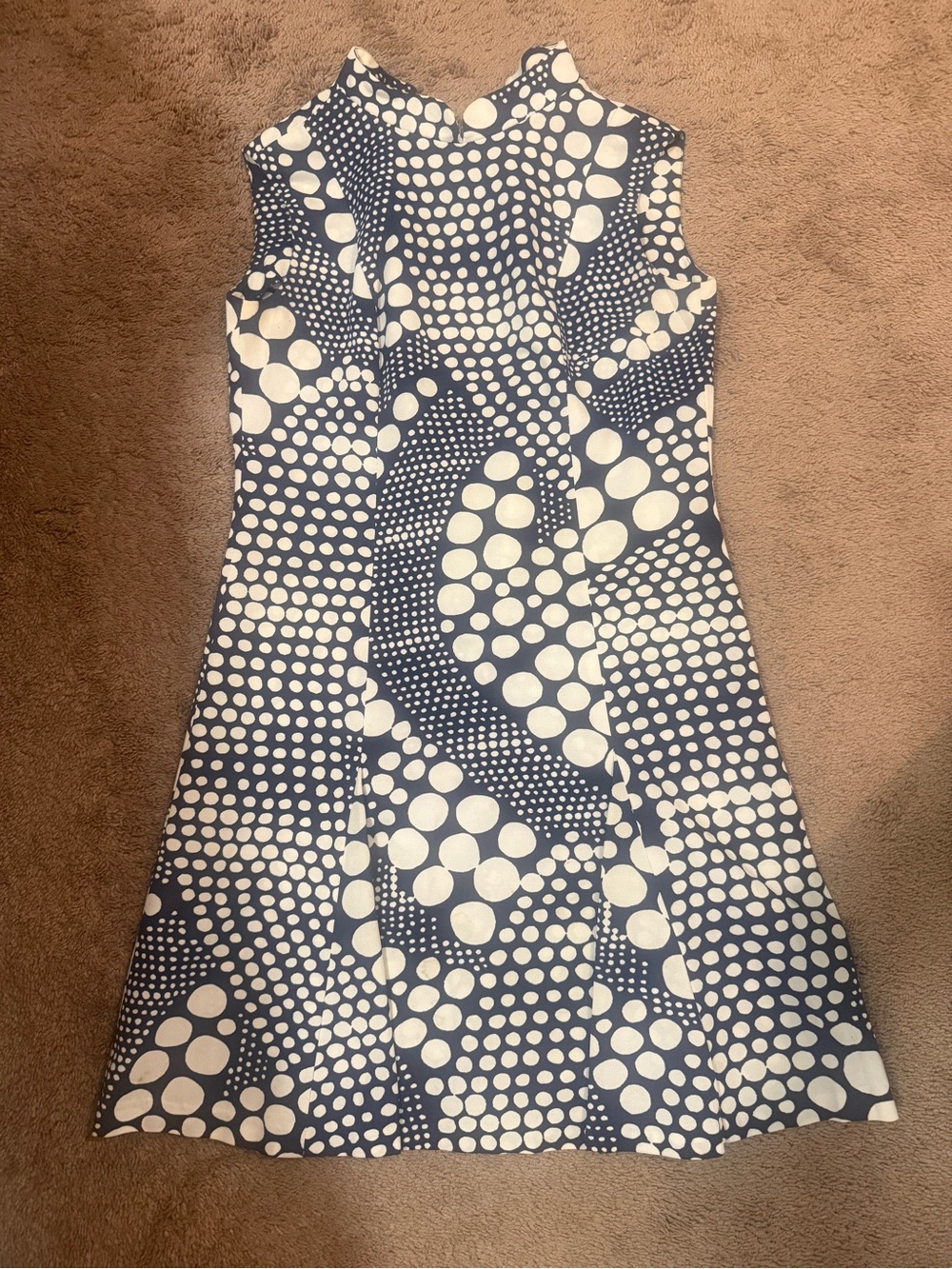 1960s Midcentury Mock Neck Sleeveless Navy and White Dot A-Line Dress